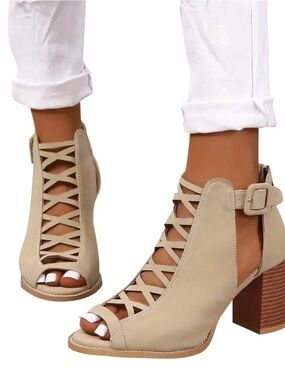 Peep Toe Ankle Adjustable Bootie! Criss BOHO Cross Faux Suede Design 2.95” Heel!